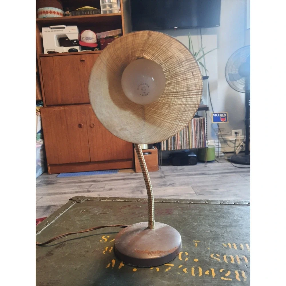 Vintage Mid Century Modern Gooseneck Lamp Light Fiberglass Rattan Tiki Shade